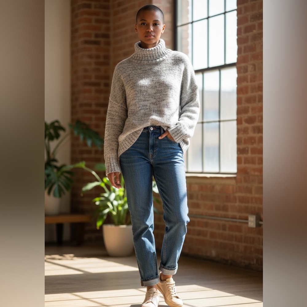 Pure J. Jill Chunky Knit Sweater Size L Oatmeal Gray Oversized Marled, Mock Neck